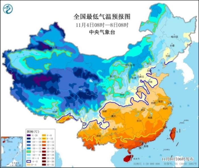 圖2 全國(guó)最低氣溫預(yù)報(bào)圖(11月4日08時(shí)-8日08時(shí))