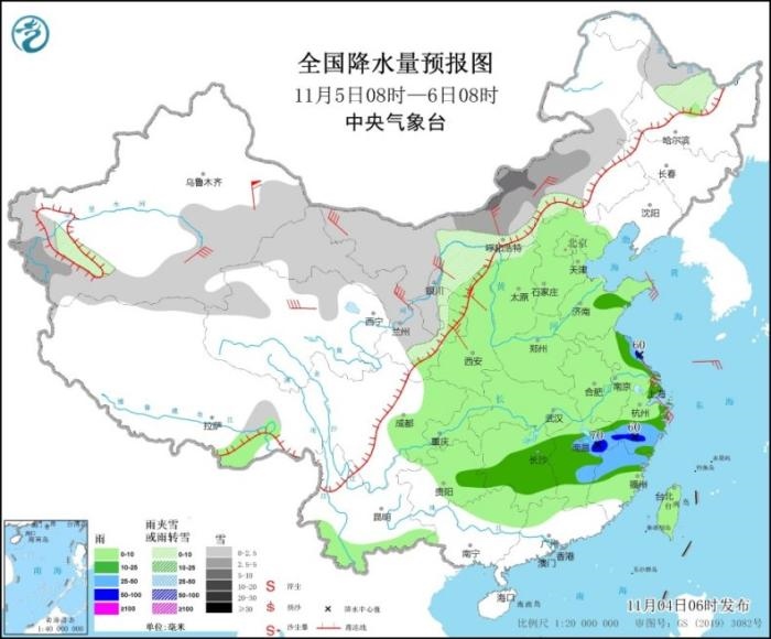 圖5 全國(guó)降水量預(yù)報(bào)圖(11月5日08時(shí)-6日08時(shí))