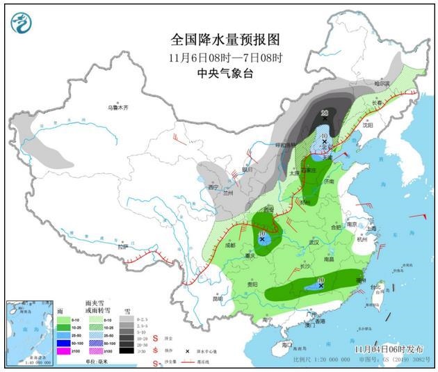 圖6 全國(guó)降水量預(yù)報(bào)圖(11月6日08時(shí)-7日08時(shí))