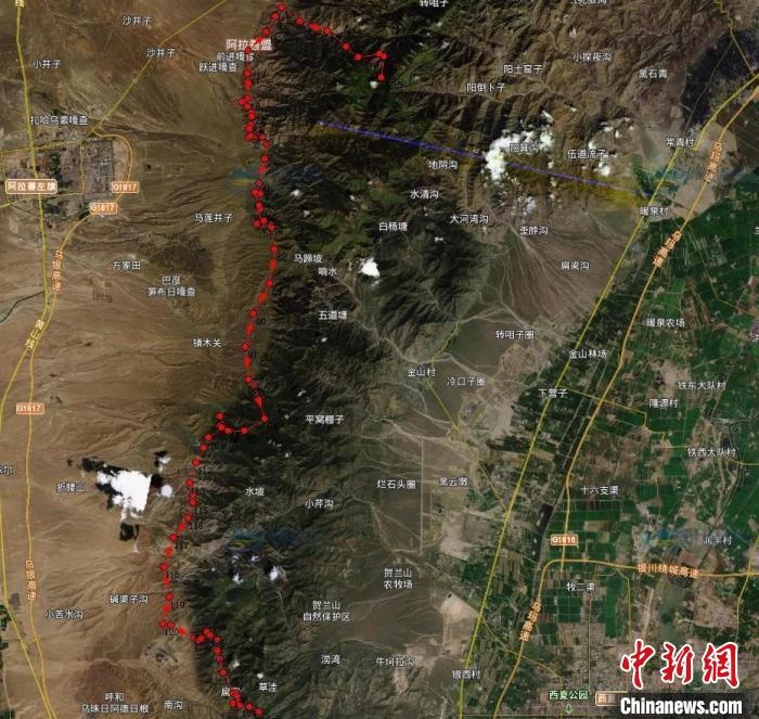 圖為雪豹在春節(jié)前后的活動軌跡?！?nèi)蒙古賀蘭山國家級自然保護區(qū)供圖