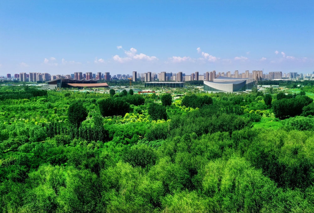 北京東方化工廠舊址建成的綠心公園草木蔥蘢。（馬文曉 攝）