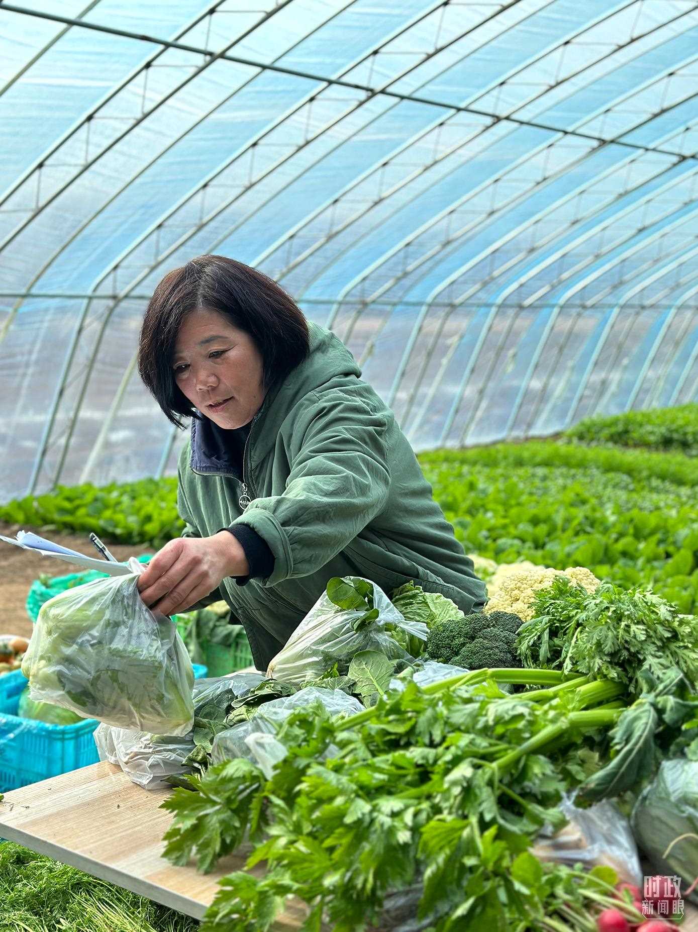 △第六埠村村民正在打包分裝蔬菜。（總臺(tái)央視記者盧心雨拍攝）