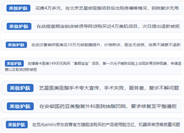 “人民投訴”用戶舉報(bào)醫(yī)美未達(dá)預(yù)期效果或?qū)е律眢w損傷退款遭拒、機(jī)構(gòu)及服務(wù)人員虛假資質(zhì)、被誘導(dǎo)高額醫(yī)美貸、網(wǎng)購(gòu)美容儀器質(zhì)量不過(guò)關(guān)等問(wèn)題。（“人民投訴”平臺(tái)截圖）