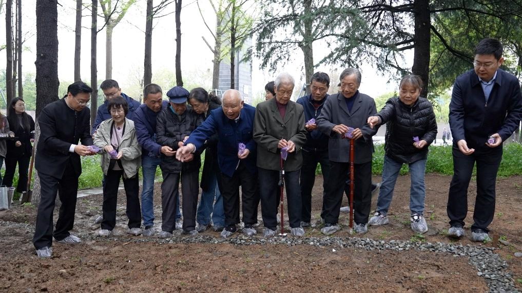 南京大屠殺幸存者代表、死難者遺屬代表等在紀念館的和平公園里，播撒下紫金草的種子。新華社記者林凱 攝