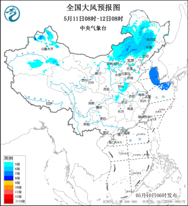 全國(guó)大風(fēng)預(yù)報(bào)圖（5月11日08時(shí)-12日08時(shí)）