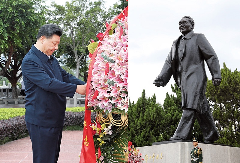 2020年10月14日，深圳經(jīng)濟特區(qū)建立40周年慶祝大會在廣東省深圳市隆重舉行。中共中央總書記、國家主席、中央軍委主席習(xí)近平在會上發(fā)表重要講話。這是當天下午，習(xí)近平來到蓮花山公園，向鄧小平同志銅像敬獻花籃。 新華社記者 王曄/攝