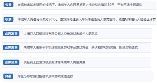 網(wǎng)友涉及“熊孩子”氪金相關投訴問題。（“人民投訴”用戶投訴截圖）