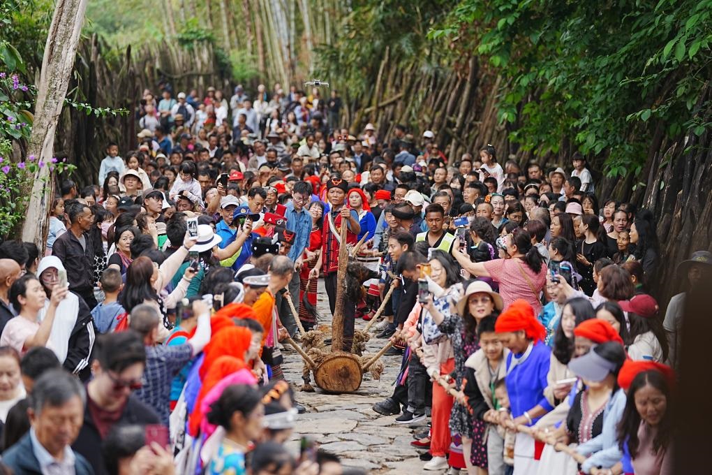 5月3日，各地游客在滄源縣翁丁村和村民一起參加佤族傳統(tǒng)民俗拉木鼓活動。（滄源縣融媒體中心供圖）