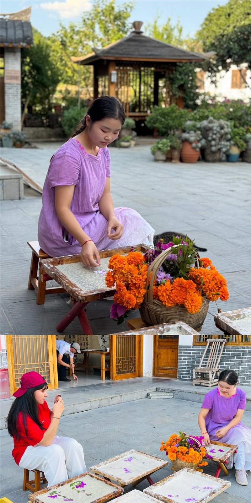 沒有女生不愛花。以古法造紙技藝為基礎(chǔ)，再輔以花草枝葉勾勒各式圖案，創(chuàng)作出花茂村獨具特色的紙漿壓花畫，少女手中的花是她眼中的風(fēng)景，而她與正在制作的紙漿壓花畫也是別人眼中的風(fēng)景。（哈薩克斯坦BAQ通訊社高級記者古爾詹·拉曼庫洛娃、張亞欣攝）