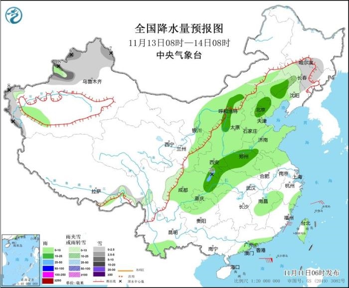 全國降水量預報圖(11月13日08時-14日08時)圖片來源：中央氣象臺網(wǎng)站